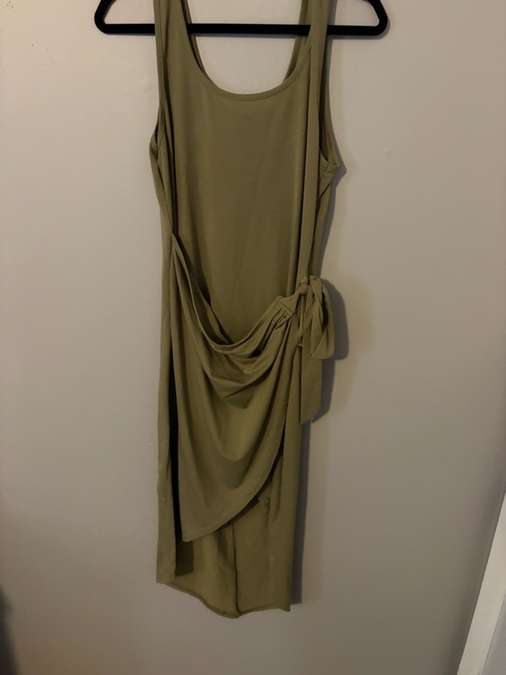 Sleeveless Olive Green Drape Midi Hi Low Dress with Side Tie